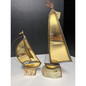 Set Of 2 Brass Sailboat Sculptures On Quartz Bases Artist Signed DeMott